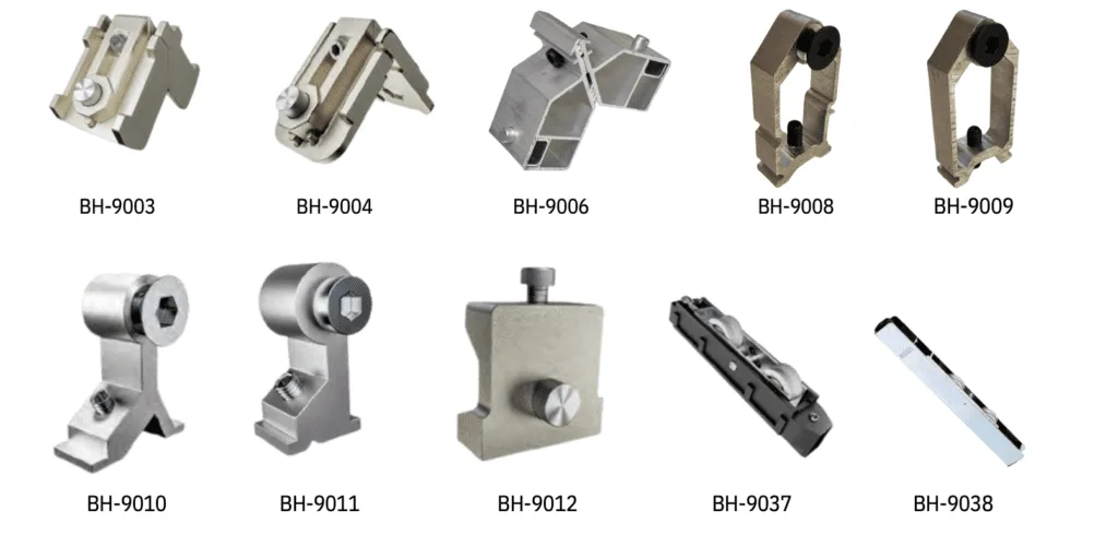 BAARI aluminium system fittings - corner cleats, rollers and brackets, models BH-9003 to BH-9038