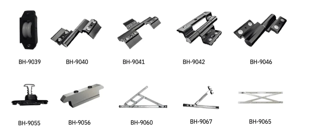 BAARI hinges and friction stays for aluminium windows and doors, models BH-9039 to BH-9067